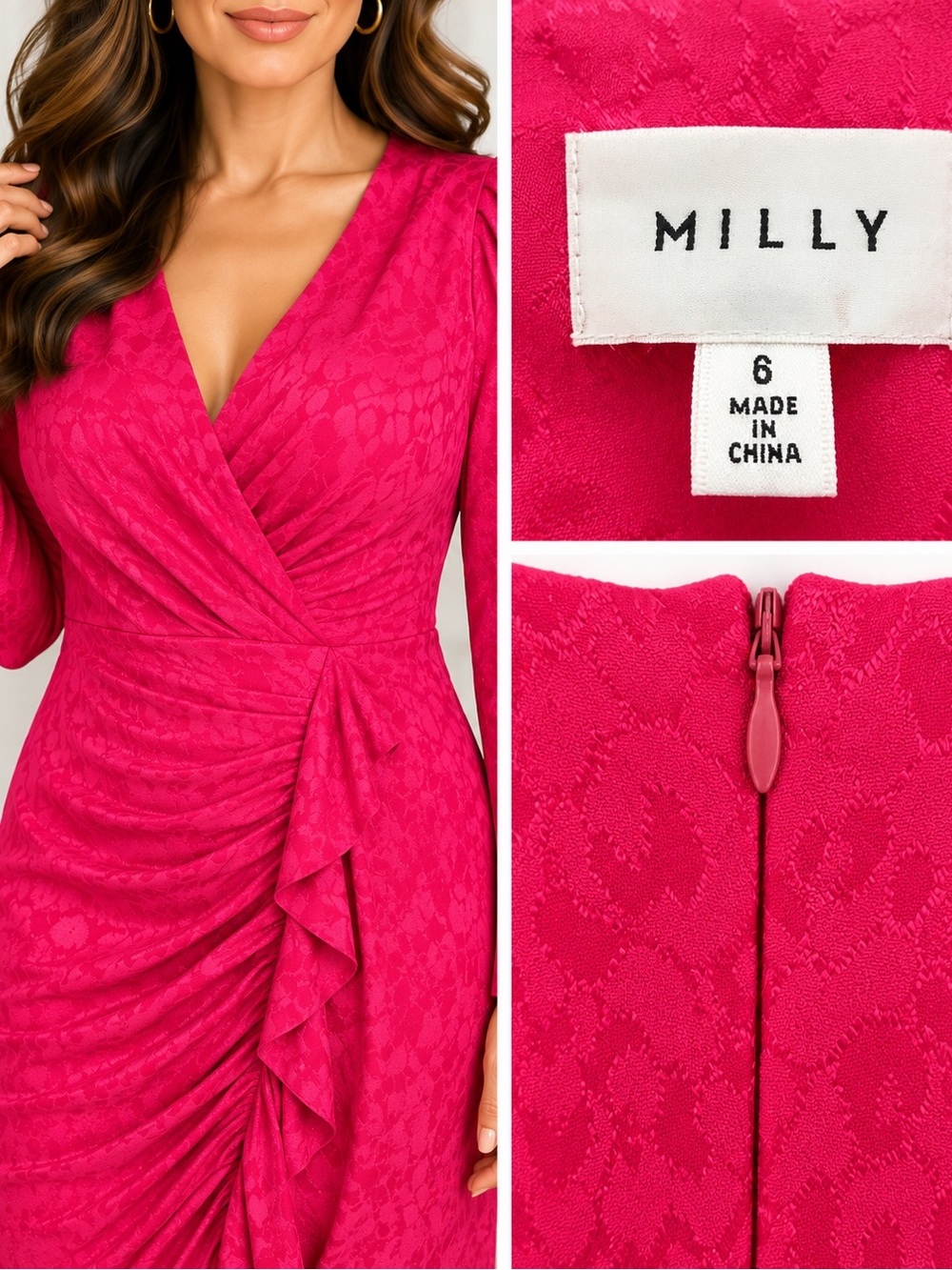 💗 MILLY Fuchsia Jacquard Wrap Dress — Size 6